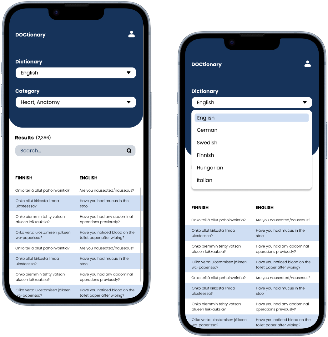 Two phones displaying DOCtionary app